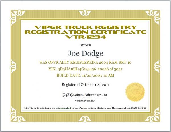 Registry Certificate Sample 2