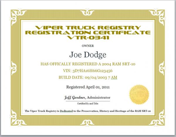 Registry Certificate Sample